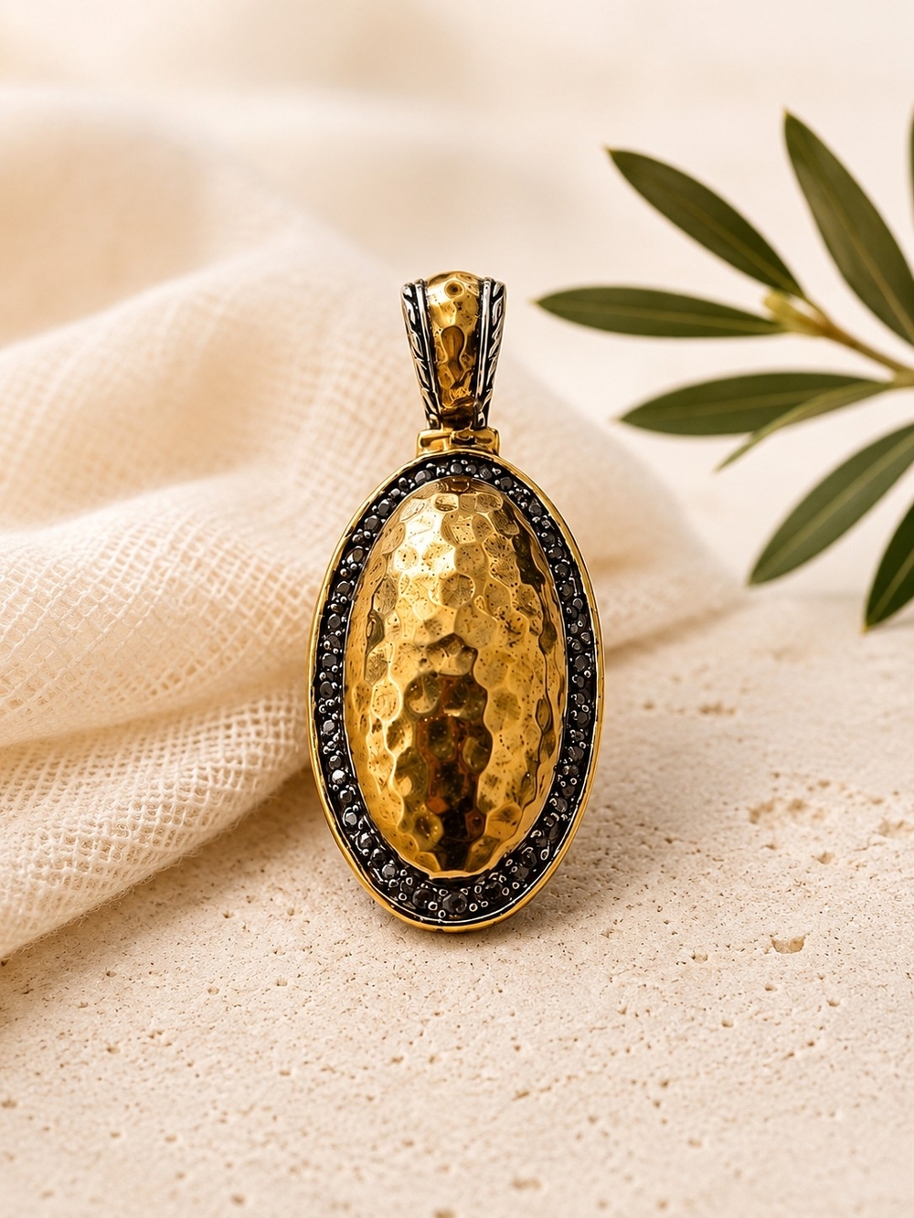 Vintage Gold Tone Hammered Oval Pendant
